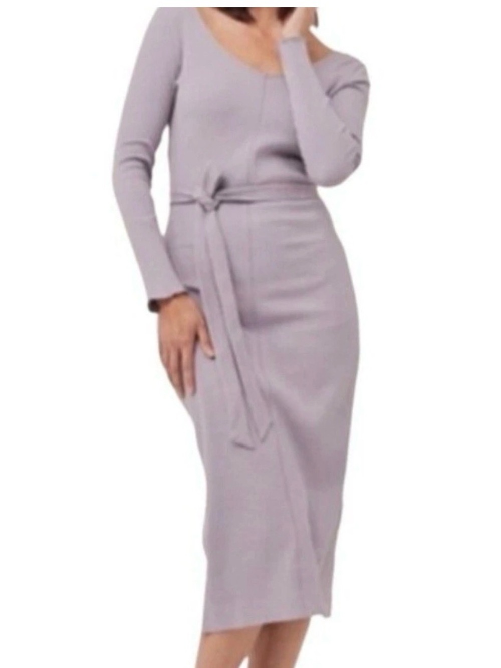 Pact Women's Medium Ribbed Jazz Dress Organic Cotton Lavender Belted Midi L/S